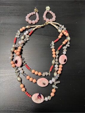 Pink Multi-Strand Beaded Necklace with Matching Hoop Earrings